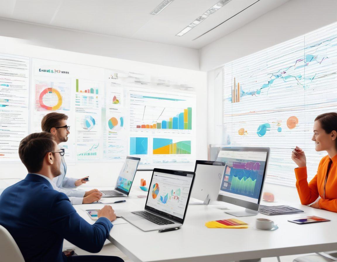 A vibrant workspace filled with a diverse group of professionals analyzing data on digital screens, brainstorming ideas, and creating visually appealing email templates. Infographics and charts related to marketing statistics float around, illustrating data-driven insights. Bright colors and dynamic graph visuals enhance engagement and creativity, symbolizing transformation and innovation in branding. super-realistic. vibrant colors. white background.