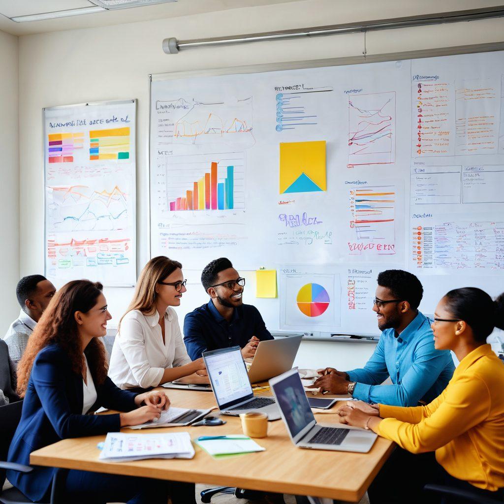 A vibrant workspace scene featuring a diverse group of professionals engaged in a dynamic brainstorming session about email outreach strategies. Include visuals of colorful charts and graphs on a digital screen, laptops open with emails drafted, and a warm, inviting atmosphere. Capture enthusiasm and innovation with elements like coffee cups, sticky notes, and a whiteboard filled with creative ideas. super-realistic. vibrant colors. 3D.