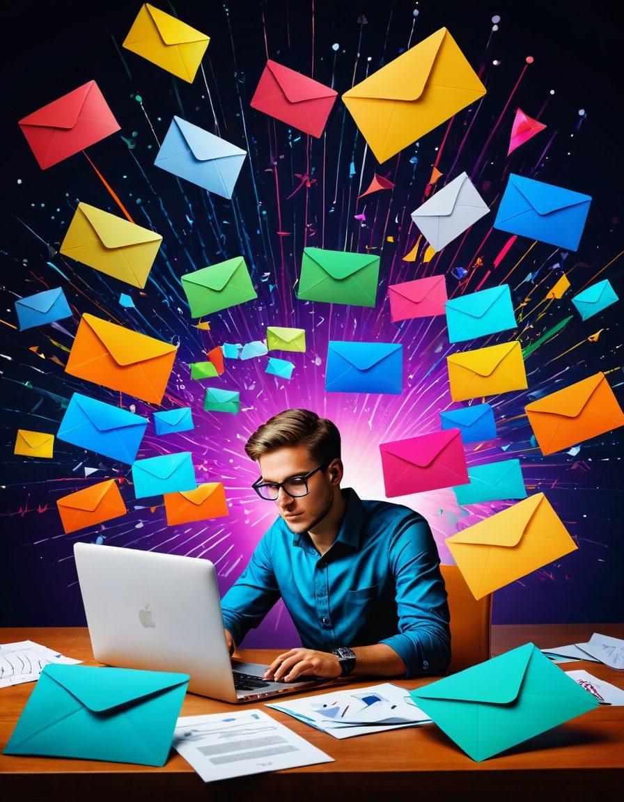 A dynamic scene depicting a digital marketing strategist at work, analyzing email campaign data on multiple screens, surrounded by colorful envelopes symbolizing value mailers raining down. Include a subtle overlay of email icons and upward arrows illustrating growth and engagement. The background should convey a sense of modernity and innovation, with a blend of tech elements. super-realistic. vibrant colors. 3D.